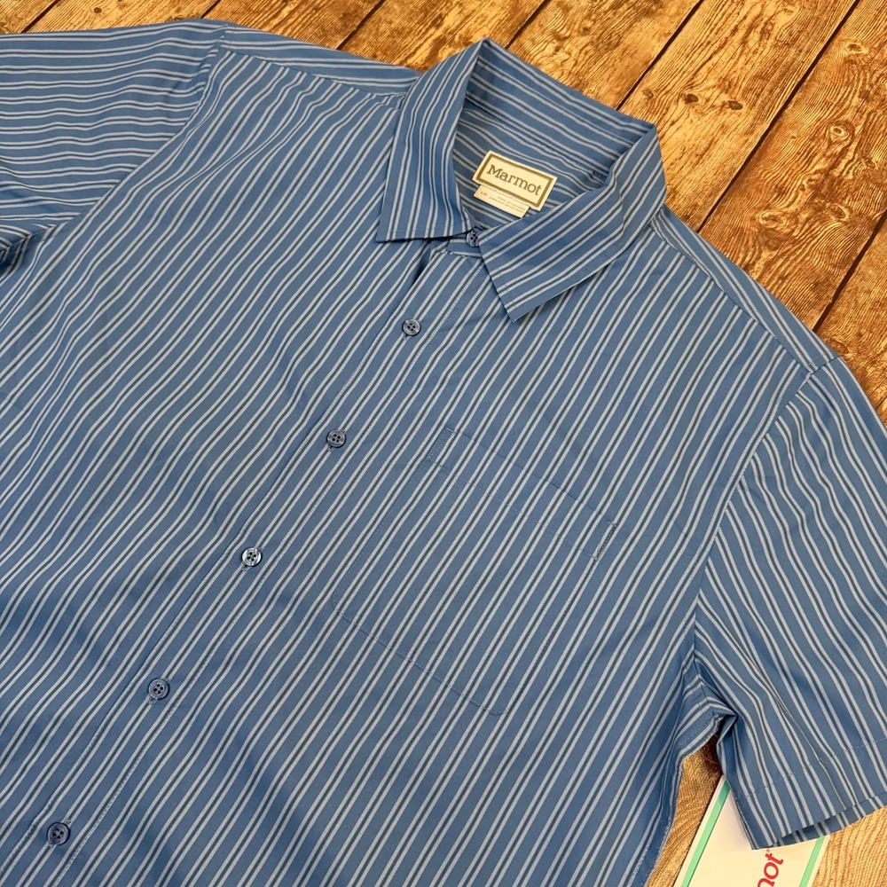 Marmot AirExchange Novelty Shirt Mens Large Blue Striped Short Sleeve UPF 40 NWT